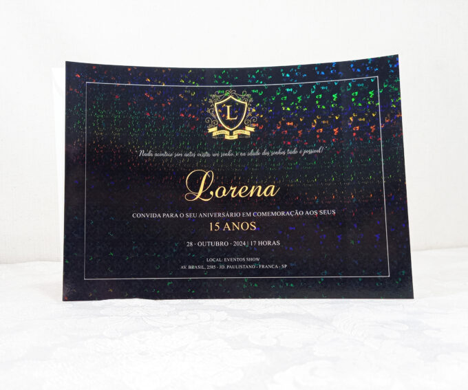 Convite Preto e Branco com envelope carta aniversário 15 anos Papel especial holográfico