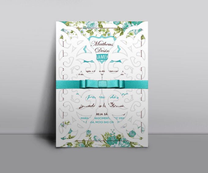 Convite Casamento com envelope floral Azul Tiffany