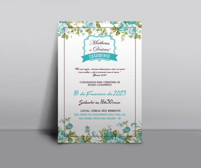 Convite Casamento com envelope floral Azul Tiffany