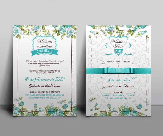 Convite Casamento com envelope floral Azul Tiffany