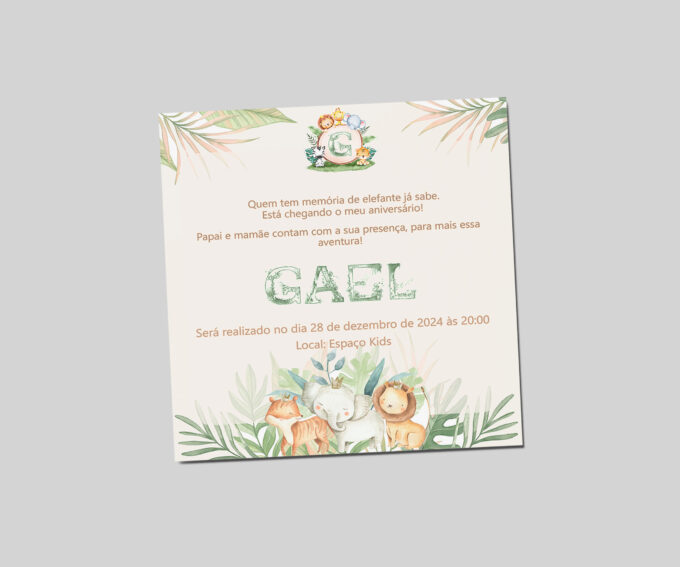 Convite para Aniversário Infantil com Envelope Tema Personalizado Safari Criativo