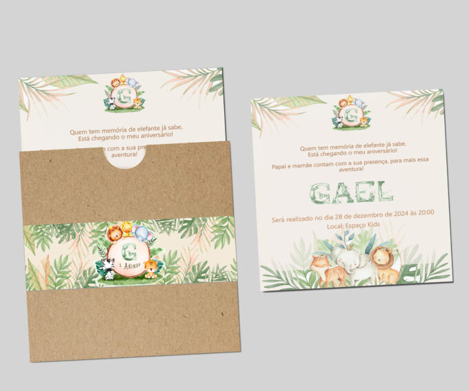 Convite para Aniversário Infantil com Envelope Tema Personalizado Safari Criativo